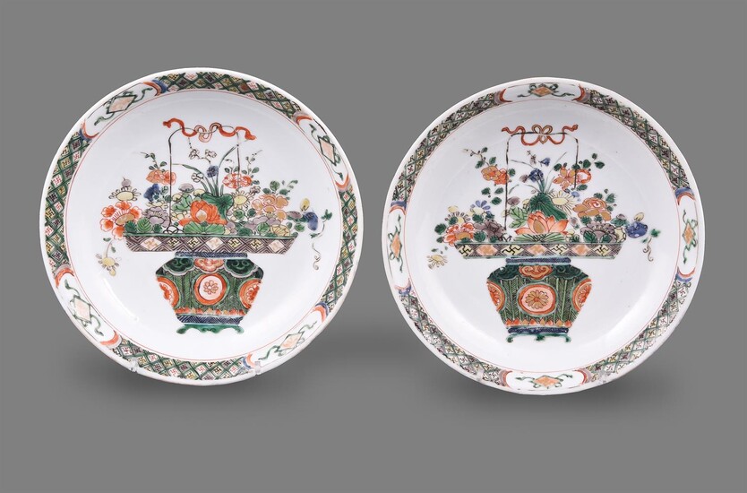 A fine pair of Chinese porcelain famille verte small saucer dishes