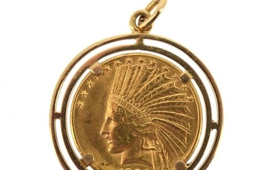 A gold coin of 10 US dollars Indian Head 1932, mounted as a pendant on 18 K yellow gold (750 °/°°).