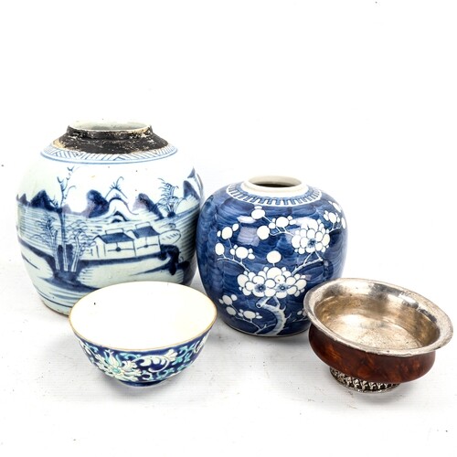 A group of Oriental items, comprising 2 blue and white ginge...