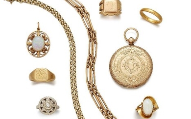 A group of jewellery and a fob watch, including: a 19th century gold hunter case keyless cylinder fob watch: a 19th century gold watch chain with disc fob dated 1891-1912, an 18ct gold signet ring, 12.8g; an opal ring composed of a single claw-set...
