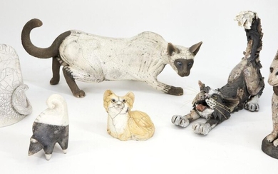 A group of studio pottery cats, to include earthenware cats with Raku glaze, indistinct marks to bases, tallest 22cm (7)