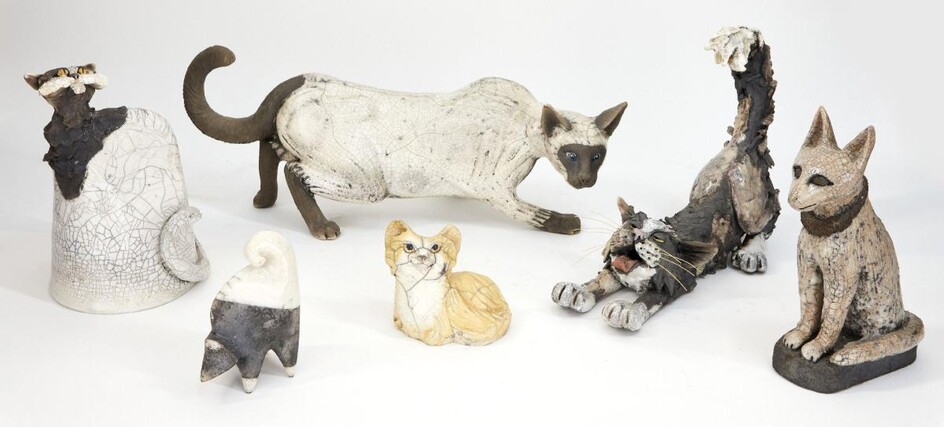 A group of studio pottery cats, to include earthenware cats with Raku glaze, indistinct marks to bases, tallest 22cm (7)