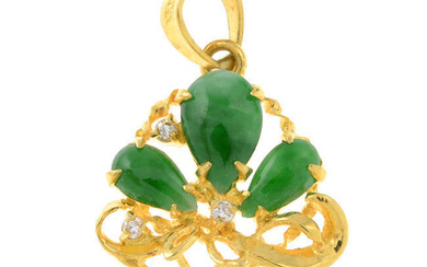 A jade pendant, designed to depict an openwork flower basket, with diamond accent.