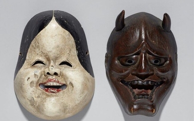 A kyogen mask and another mask. Wood, lacquer and pigments....