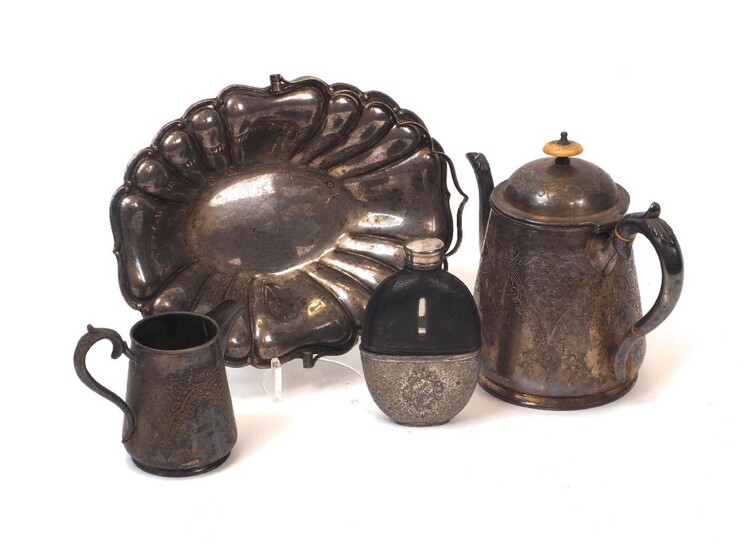 A large group of silver plated items including a Walker & hall posy vase; a hip flask; a swing-handled basket with scalloped edge; a shaped, circular plate; a twin-handled sugar and a quantity of flatware and oddments (a lot)
