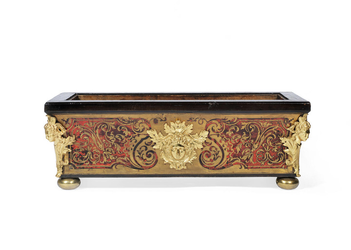 A late 19th century French gilt bronze mounted, ebonised, scarlet tortoiseshell and brass inlaid 'Boulle' jardinere in the Louis XIV style