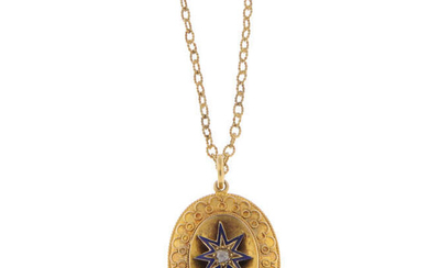A late Victorian gold old-cut diamond and enamel locket, with seed pearl accent chain.