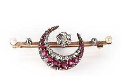 A late Victorian ruby, diamond and pearl crescent brooch