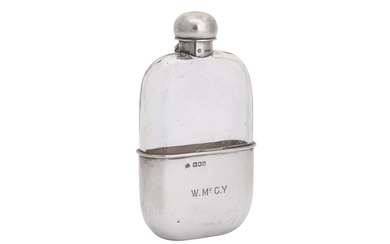 A late Victorian sterling silver mounted glass spirit hip flask, London 1898 by William Hutton & Son