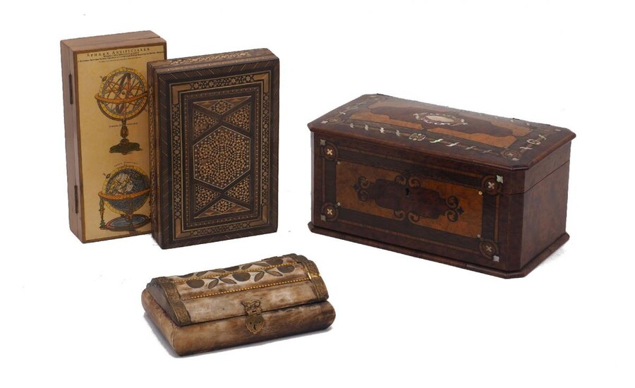 A marquetry and abalone inlaid tea caddy, 20th century, 25cm wide, together with a Middle Eastern parquetry box, an Italian box decorated with terrestrial and celestial globes and a brass mounted bone box (4)