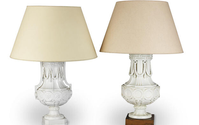 A matched pair of Louis XVI style white glazed porcelain vases, adapted as lamps