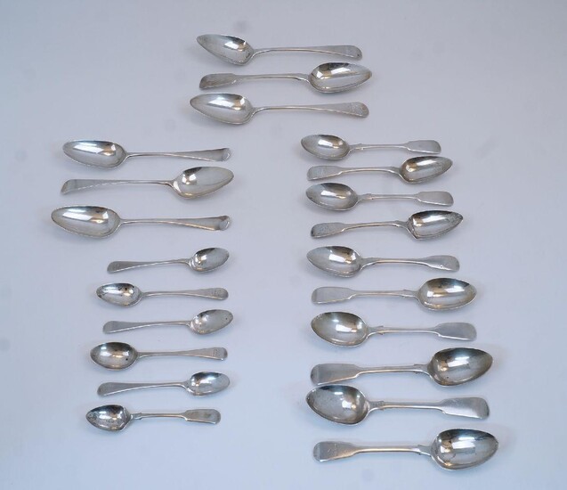 A mixed quantity of Georgian and later silver table, dessert and teaspoons, of various dates and makers, to include: a George III Old English pattern table spoon, London, 1805, Thomas Dicks; a George IV fiddle pattern table spoon, London, 1824, JM;...