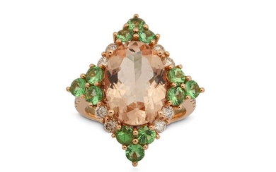 A morganite, green garnet and diamond dress ring