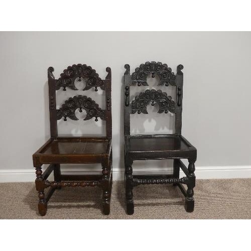 A near matched pair of 17thC oak Side Chairs, Yorkshire/Derb...