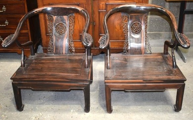 A pair of 19th Century Chinese Calamander armchairs 75 x 68 cm.(2).