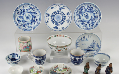 A pair of Chinese blue and white export porcelain saucers, Kangxi period, each painted with segmente