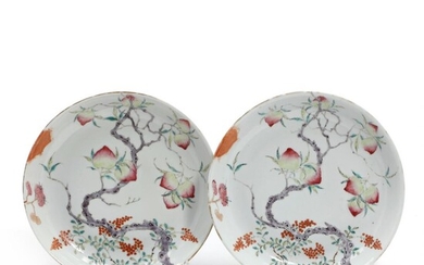A pair of Chinese enamelled porcelain 'Nine Peches' plates, the underside of...