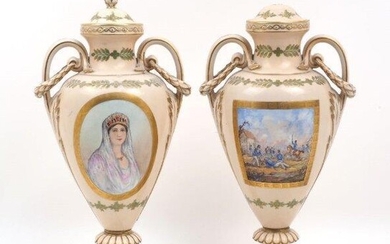 A pair of Continental twin handle porcelain urn shape vases, late 19th / early 20th century, each of cream ground with foliate motifs and gilt highlights, featuring central painted panels to the body, one possibly depicting Empress Josephine, the...