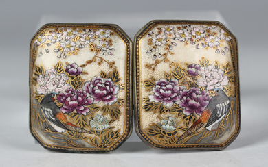 A pair of Japanese Satsuma earthenware buckles, Meiji/Taisho period, each of rectangular form with c