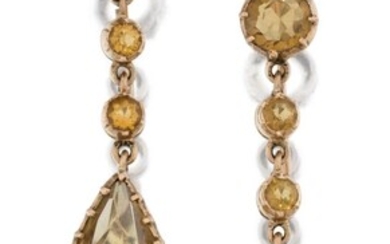 A pair of Victorian citrine pendant drop earrings, c.1840, in cut-down setting, designed as three graduating circular cut citrine gems to a larger teardrop-shaped example, hook fittings, approx. length 5.8cm