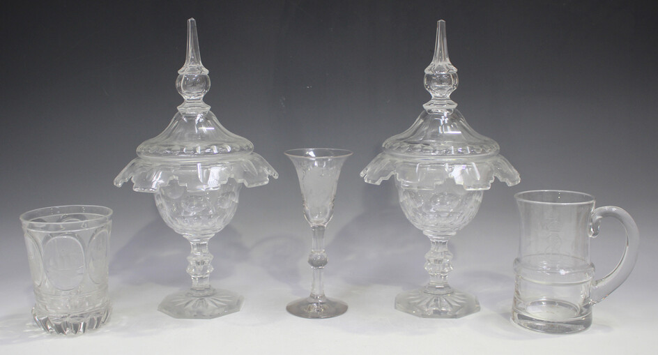 A pair of cut glass sweetmeat or bonbon jars and covers, circa 1900, each cover with flared rim, hei