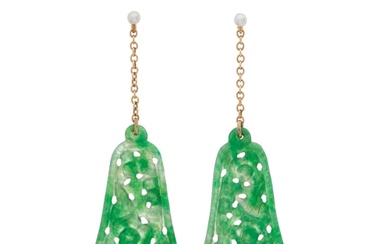 A pair of early 20th century carved A-jade drop earrings, wi...