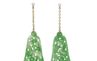 A pair of early 20th century gold A-jade and pearl drop earrings