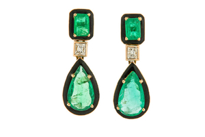 A pair of emerald, diamond and enamel pendent...