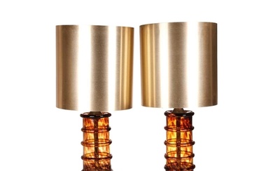 A pair of large Murano glass table lamps, amber coloured smo...