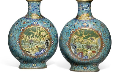 SOLD. A pair of large cloisonné enamel "Eight Buddhist Emblems" moonflasks, Bianhu. Qing, 18th-19th century. H. 53.5 cm. (2) – Bruun Rasmussen Auctioneers of Fine Art