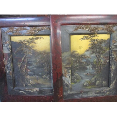 A pair of mid 20th century Oriental oils on board with the p...