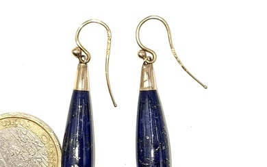 A pair of nine carat gold drop pendant Lapis Lazuli earrings...