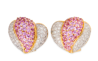 A pair of pink sapphire, diamond and eighteen karat gold earrings