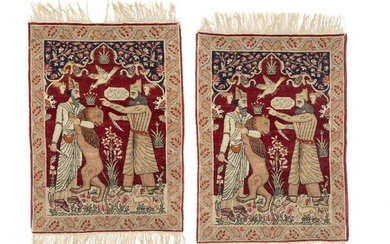 NOT SOLD. A pair of signed antique Kerman mythological pictorial rugs, Persia. Signed: Mohamad ...(?). 1880-1910. 89 x 65 cm.(2) – Bruun Rasmussen Auctioneers of Fine Art