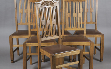 A set of six Edwardian Arts and Crafts oak framed dining chairs, possibly by Wylie & Lochhead, t