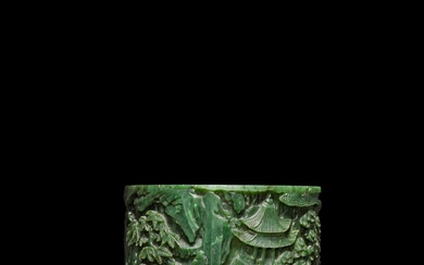 A spinach-green jade 'landscape' brushpot, Qing dynasty, Qianlong period | 清乾隆 碧玉雕福祿壽三星圖筆筒