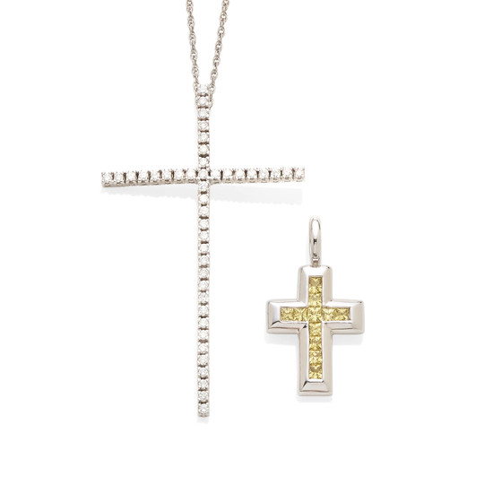 A yellow sapphire cross pendant and 18K white gold and diamond cross pendant