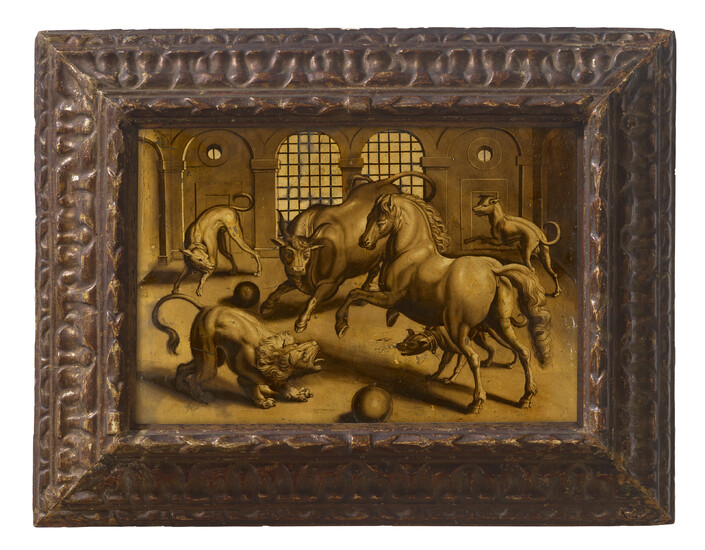 AFTER JACOB GOLTZIUS, MID-17TH CENTURY A REVERSE PAINTING ON GLASS DEPICTING A BULL, A LION, A HORSE AND THREE DOGS FIGHTING
