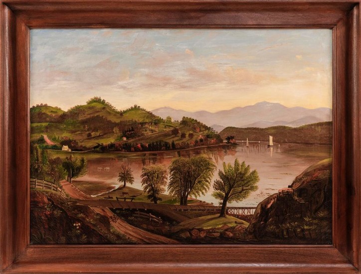 AMERICAN SCHOOL, 19th Century, Vessels navigating a river in an expansive mountain landscape., Oil on canvas, 26" x 36". Framed 33"...