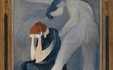 AMERICAN SCHOOL (Mid-20th Century,), Two figures against a gray ground., Oil on canvas, 30" x 24".