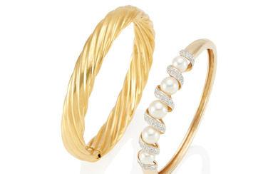AN 18K GOLD AND A 14K BI-COLOR GOLD, CULTURED PEARL...