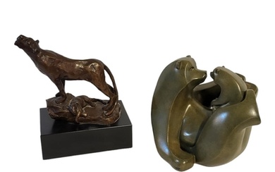 AN ART DECO STYLE PATINATED BRONZE GROUP OF LIONESS AND CUB ...