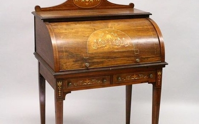AN EDWARDIAN ROSEWOOD AND MARQUETRY CYLINDER BUREAU