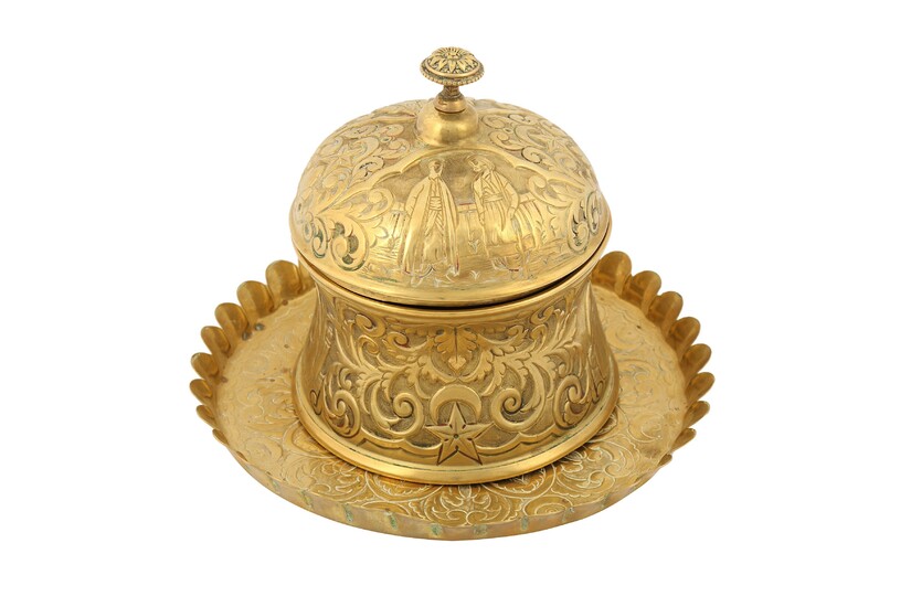AN ENGRAVED AND REPOUSSÃ‰ GILT COPPER (TOMBAC) LIDDED JAR AND TRAY Western Ottoman Provinces, mid...
