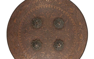 AN INDIAN GOLD KOFTGARI STEEL DHAL SHIELD 19TH CENTURY