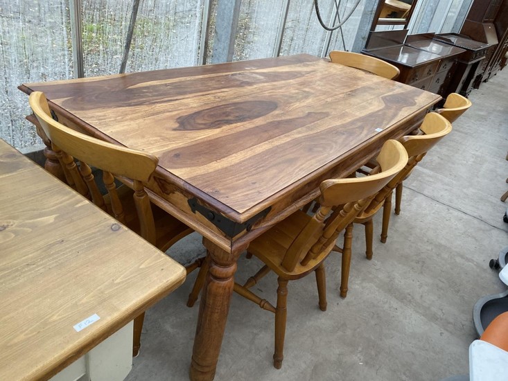 AN INDONESIAN WOOD DINING TABLE AND FIVE BEECH DINING CHAIRS