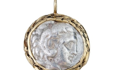 ANCIENT GREEK SILVER TETRADRACHM COIN IN GOLD MOUNT