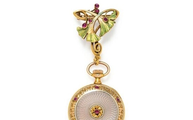 ART NOUVEAU, YELLOW GOLD, RUBY AND ENAMEL OPEN FACE