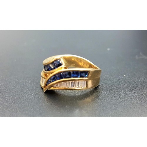 ATTRACTIVE DIAMOND AND SAPPHIRE CROSSOVER RING with channel ...