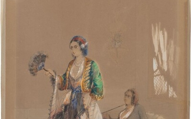 ATTRIBUE A ALOYSIUS AMEDEUS PREZIOSI DIT COMTE AMADEO PREZIOSI (MALTE 1816-1882 ISTANBUL), Deux femmes orientales, l'une tenant un éventail, l'autre fumant